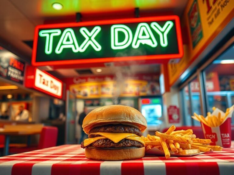 A lively restaurant scene with customers enjoying meals at tables, surrounded by promotional signs and digital coupons floati