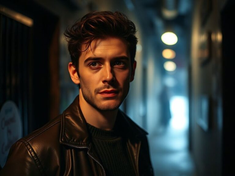 A moody, cinematic portrait of Charles Melton in a stylish suit, set against a soft-focus urban backdrop with warm lighting t