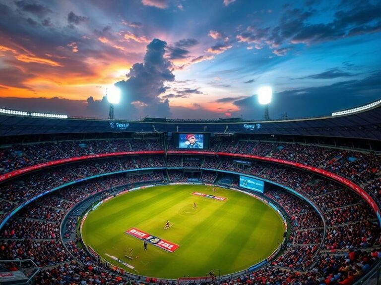 A vibrant stadium photo at night showing RCB and LSG players in action, with crowd holding banners, LED scoreboard in backgro