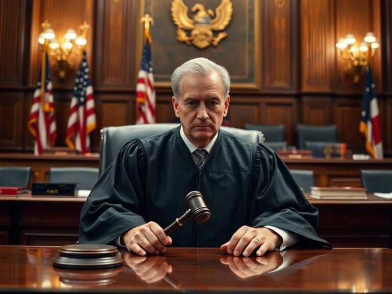 A formal courtroom scene featuring a federal judge in a black robe presiding over a case, with a gavel, American flag, and le
