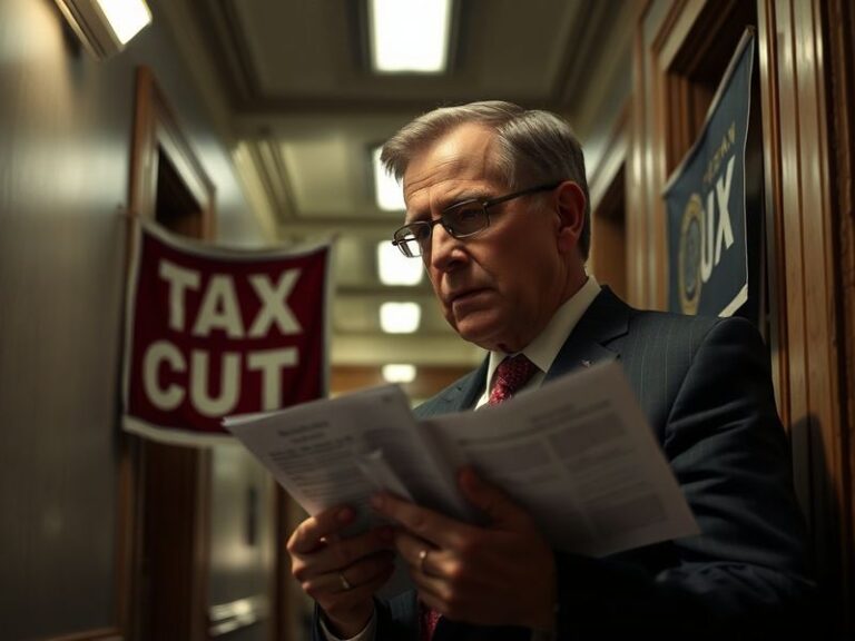 A split-image illustration showing a confused voter looking at tax forms on one side and corporate skyscrapers on the other,