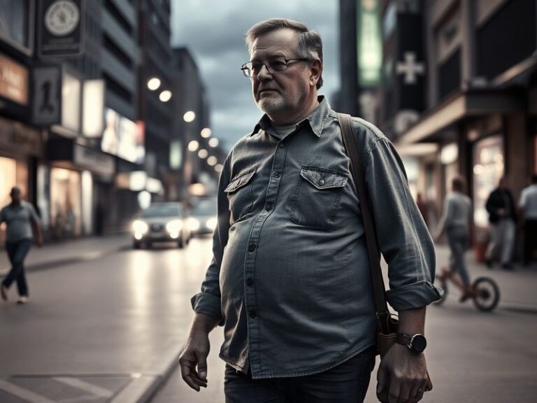 A middle-aged person measuring their waist with a tape measure, standing in front of a mirror. The background shows healthy f