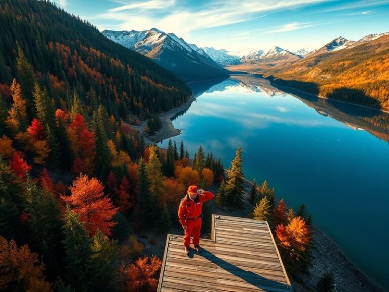 A panoramic view of Banff National Park in autumn, showcasing golden larch trees against a backdrop of rugged mountain peaks,