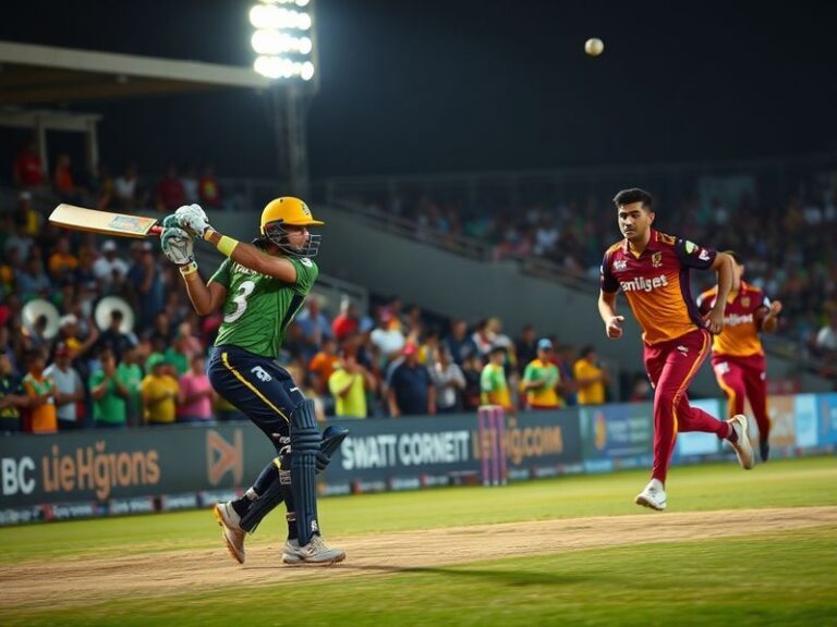 A vibrant cricket stadium packed with fans, one side in red (Quetta Gladiators) and the other in yellow (Peshawar Zalmi), wit