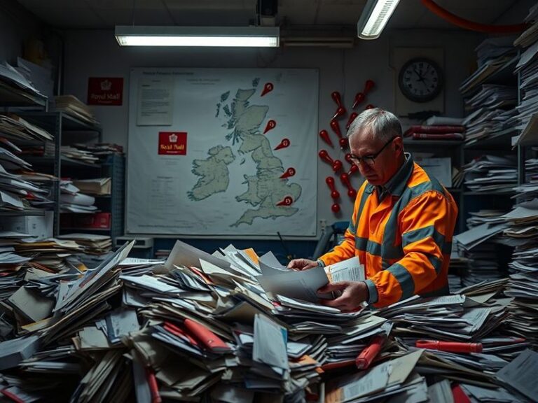 A photo of a Royal Mail delivery van stuck in traffic, with a frustrated postal worker checking a delivery list. The scene is
