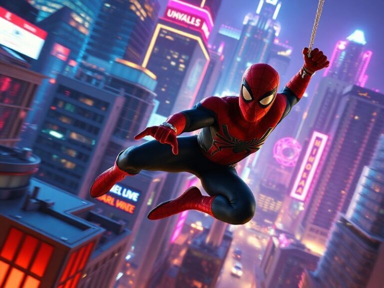 A dynamic split-screen image of Miles Morales and Gwen Stacy in a neon-lit New York City, surrounded by floating comic panels