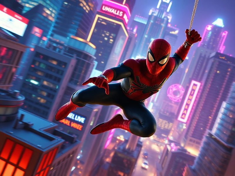 A dynamic split-screen image of Miles Morales and Gwen Stacy in a neon-lit New York City, surrounded by floating comic panels