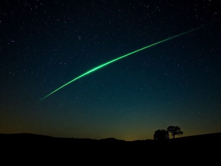 A composite image of the Lyrid meteor shower over a dark UK countryside landscape, showing multiple bright meteors streaking