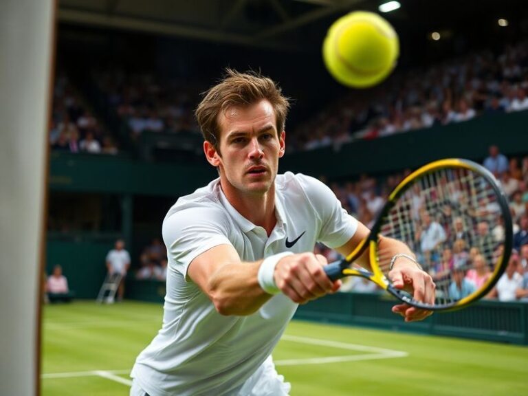 A dynamic action shot of Jamie Murray mid-serve on Centre Court at Wimbledon, with a blurred crowd in the background. Murray