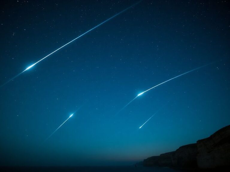 A long-exposure photograph of the night sky over a British countryside landscape, showing multiple Lyrid meteor streaks again