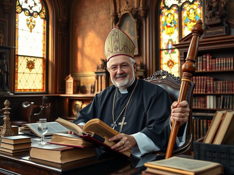 A dignified portrait of Bishop Boswell in traditional religious attire, standing in a modern urban setting with diverse peopl
