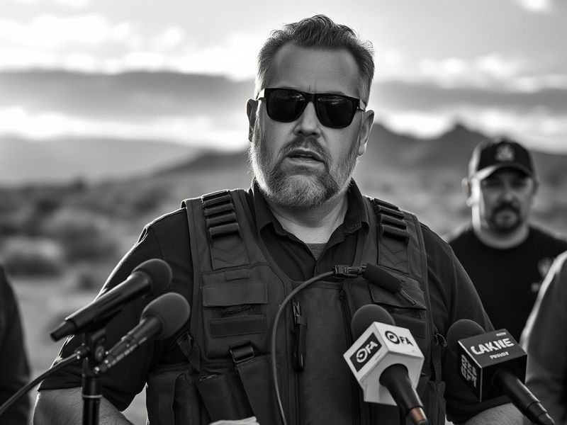 A split-image illustration showing Stewart Rhodes in a suit on one side and in a tactical vest addressing a crowd on the othe
