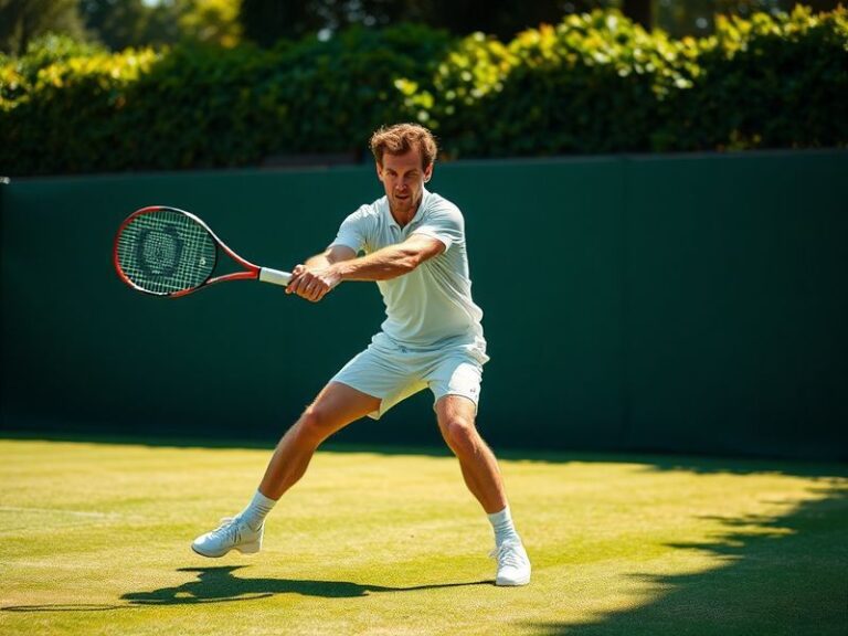 A dynamic action shot of Jamie Murray mid-volley on a grass court, wearing a white and navy tennis outfit, with a focused exp