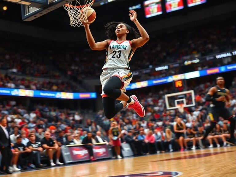 Chennedy Carter mid-game, dribbling past defenders in a packed arena, wearing a WNBA uniform with a determined expression. Th