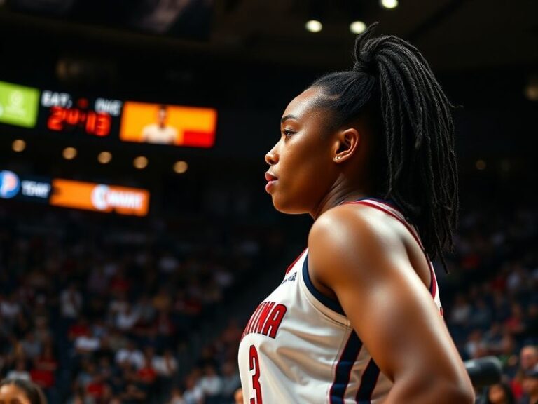 A dynamic action shot of Chennedy Carter in a Dallas Wings jersey, mid-dribble with intense focus, surrounded by defenders on