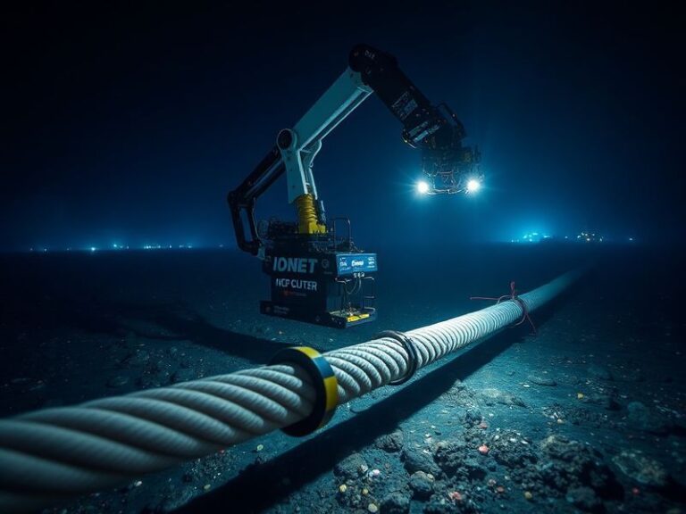 A high-tech robotic underwater vehicle hovering near a severed fiber-optic cable on the ocean floor, with deep blue waters an