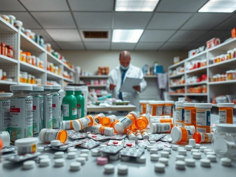 A close-up of a prescription bottle labeled 'Xanax' with visible lot numbers and a blurred pharmacy background, conveying cau