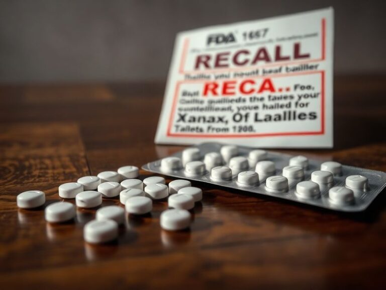 A close-up of a blister pack of Xanax pills spilling out, with a concerned patient and pharmacist in the background. The sett