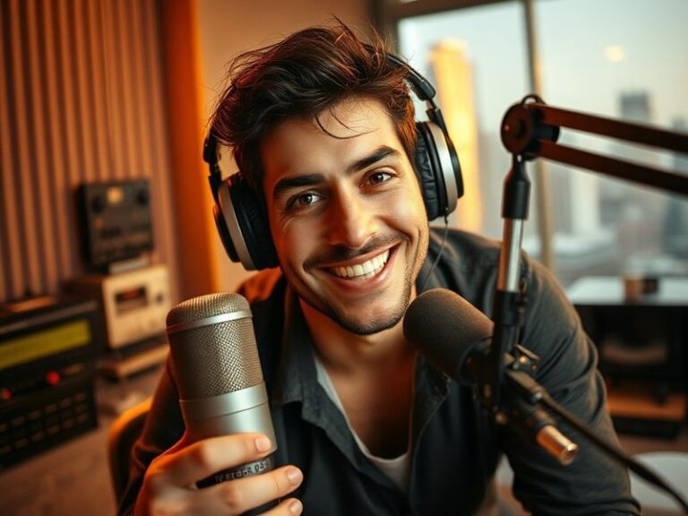 A vintage radio microphone positioned on a wooden desk with modern smartphone and laptop in background, symbolizing the blend