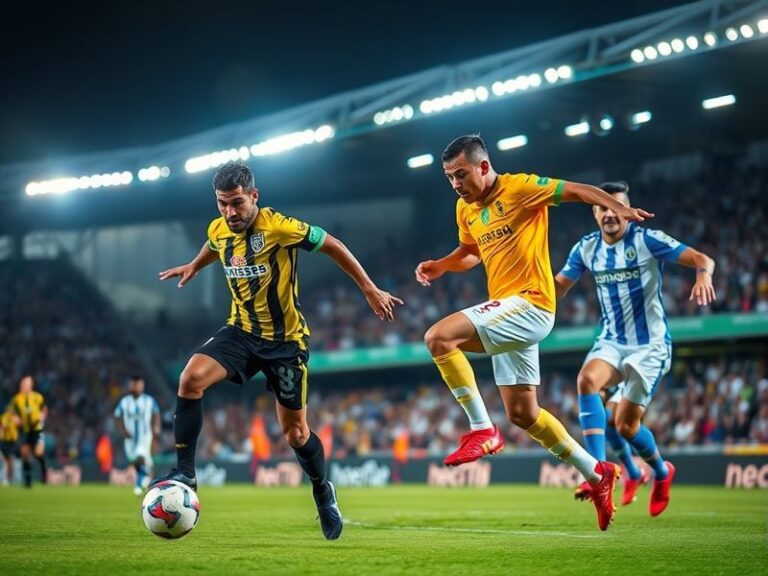 A high-energy action shot from the Al-Nassr vs Al-Ettifaq match, showing players in red and black kits competing in a packed