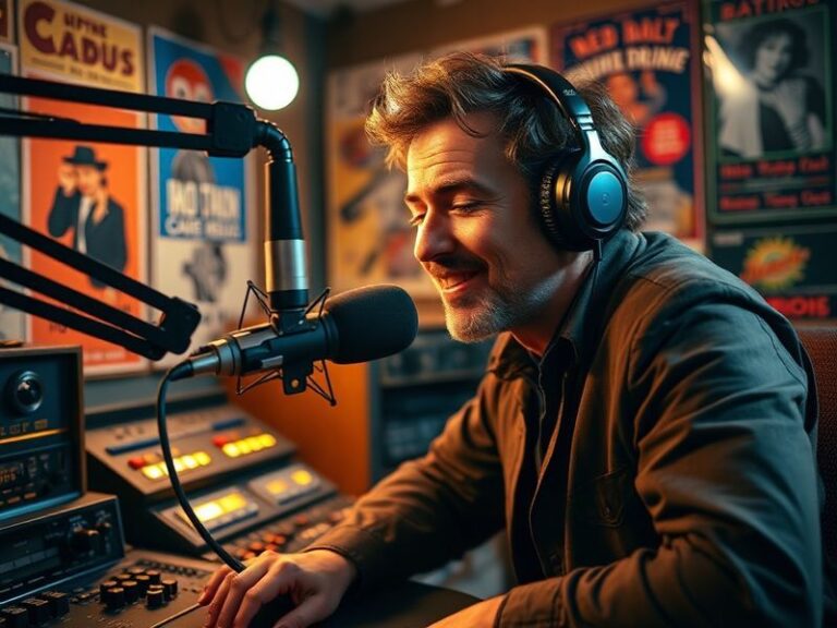 A vintage radio microphone surrounded by sound waves, with a modern smartphone and podcasting app in the background. The sett