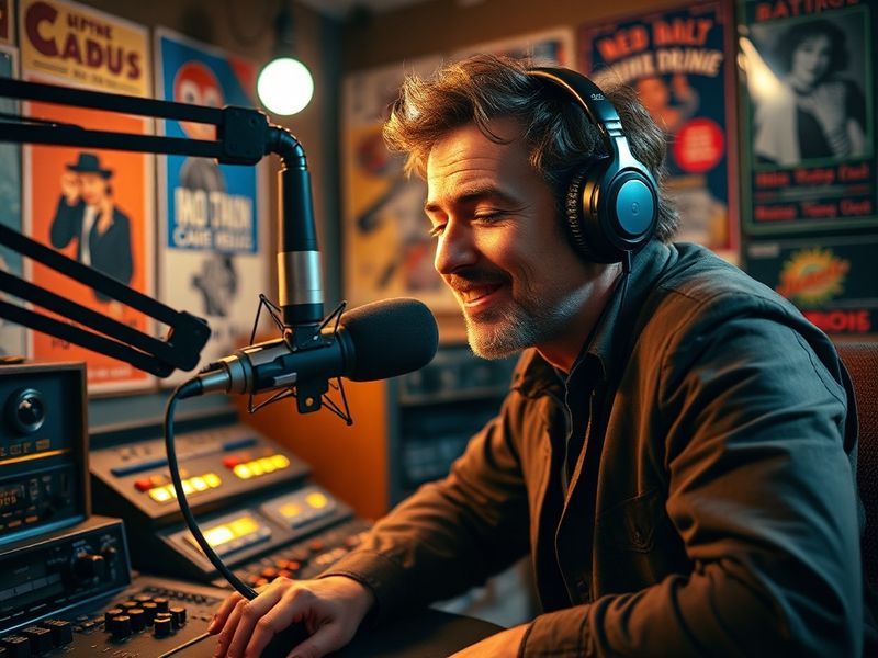 A vintage radio microphone surrounded by sound waves, with a modern smartphone and podcasting app in the background. The sett