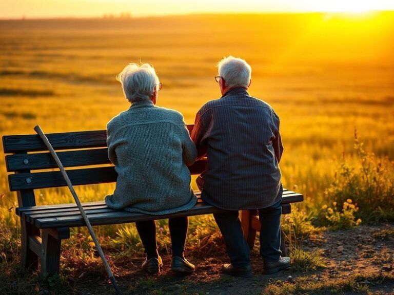 A serene image of an older couple walking along a beach at sunset, holding hands and smiling, with a golden retriever beside