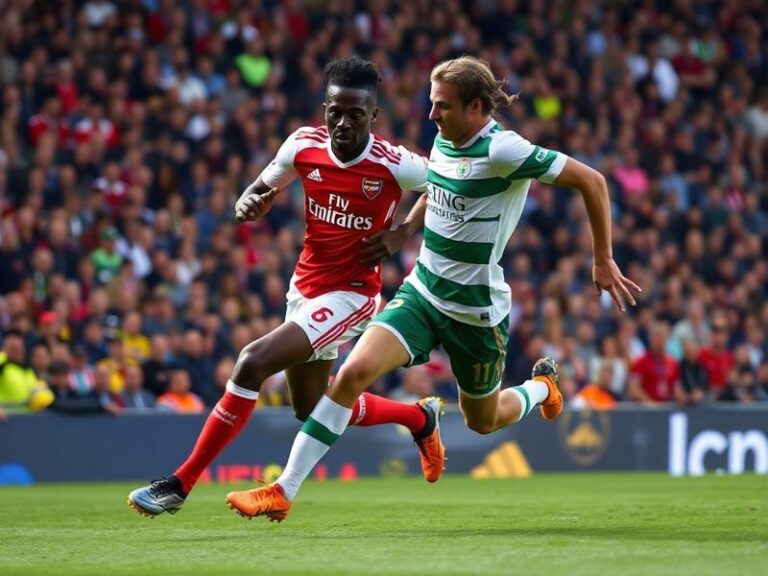 A vibrant stadium scene at the Emirates Stadium during the Arsenal vs Sporting CP match, featuring players in action, fans in