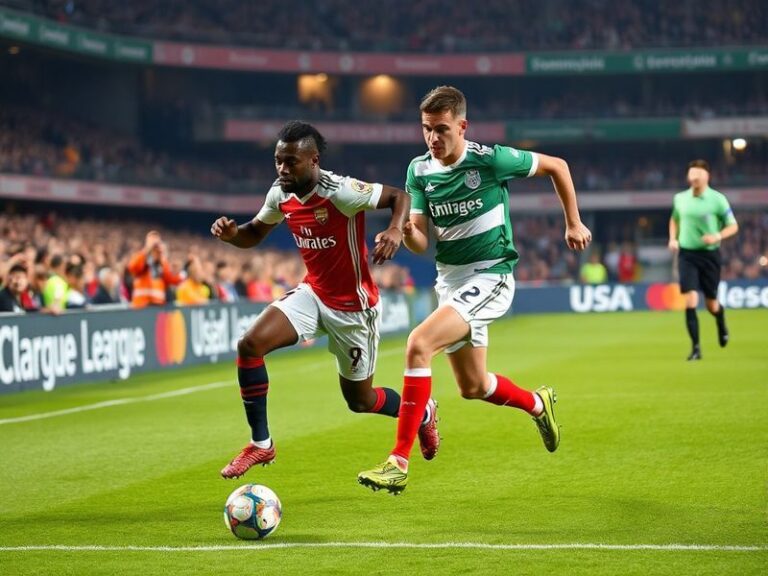 A vibrant scene at the Emirates Stadium with Arsenal players in red and white, facing Sporting CP players in green and white,
