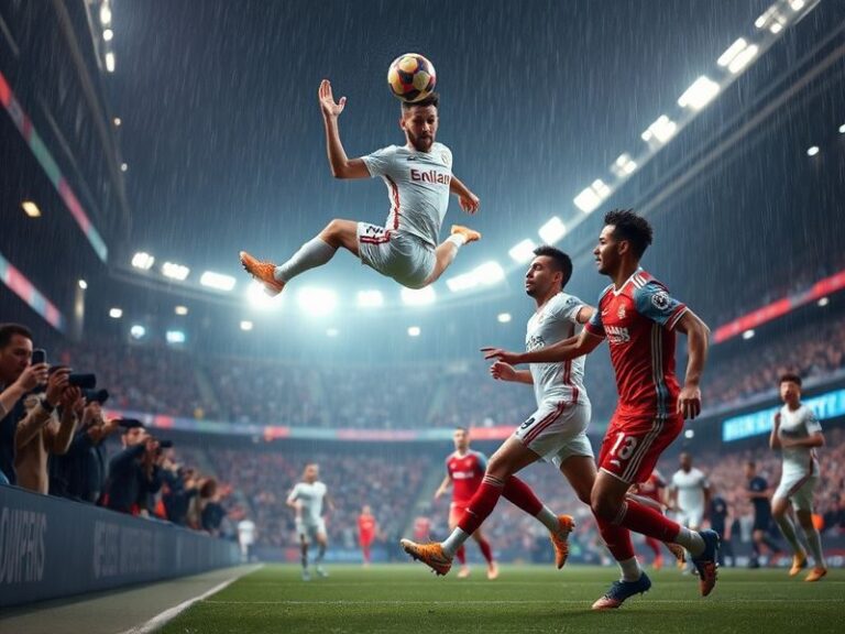 A dynamic shot of Bayern Munich and Real Madrid players in action during a Champions League match, with the Allianz Arena and