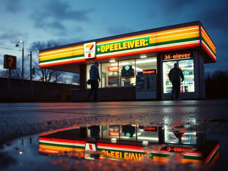 A vibrant street scene featuring a mix of international convenience stores: a neon-lit 7-Eleven in Tokyo with customers in bu