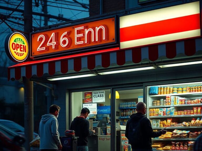 A collage of convenience stores from different countries: a neon-lit 7-Eleven in Tokyo at night, a colorful Nigerian kiosk, a