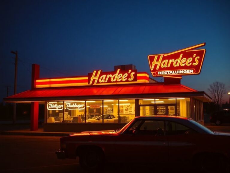 A retro-style diner interior with a Hardee's logo on the wall, featuring a classic 1970s Ford Mustang parked outside, with a