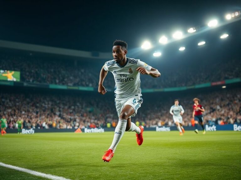 A dynamic action shot of Ferland Mendy in Real Madrid colors, mid-game, showcasing his defensive positioning and forward mome