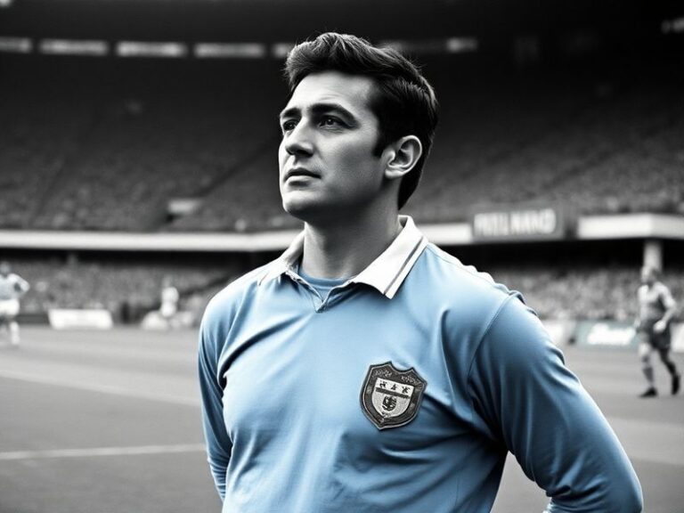 A black-and-white action shot of José Emilio Santamaría in a Real Madrid jersey, mid-game, focused and composed, with a blurr