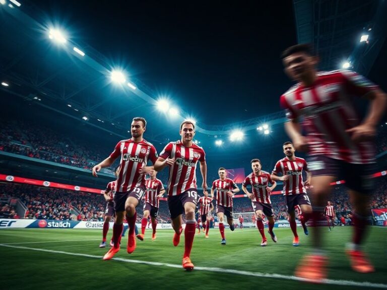 A vibrant action shot of Bayern Munich players celebrating a goal at the Allianz Arena, with the iconic stadium lights illumi
