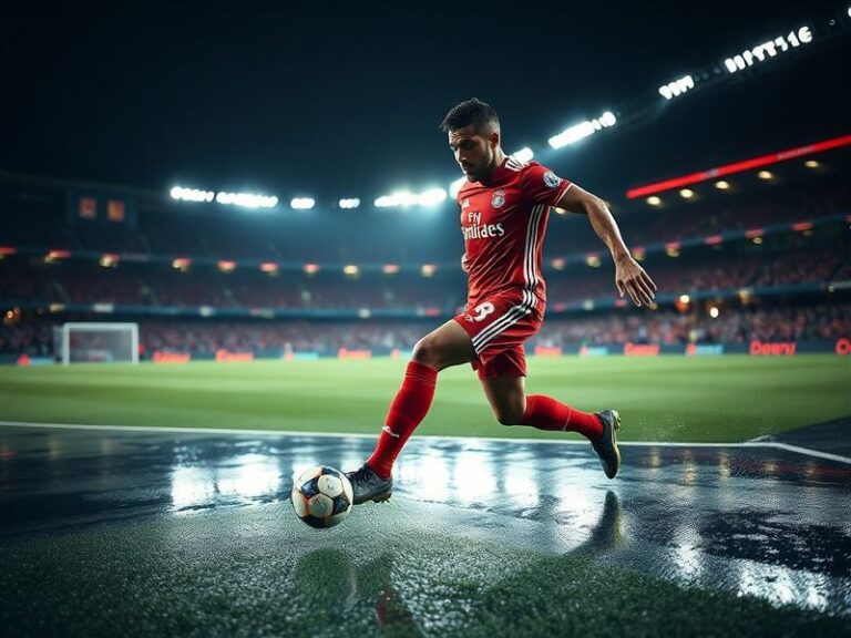 A dynamic action shot of Jamal Musiala in Bayern Munich’s kit, dribbling past an opponent with a focused expression, set agai