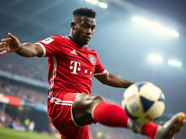 A dynamic action shot of Dayot Upamecano in Bayern Munich's kit, mid-defensive challenge at the Allianz Arena, with blurred b