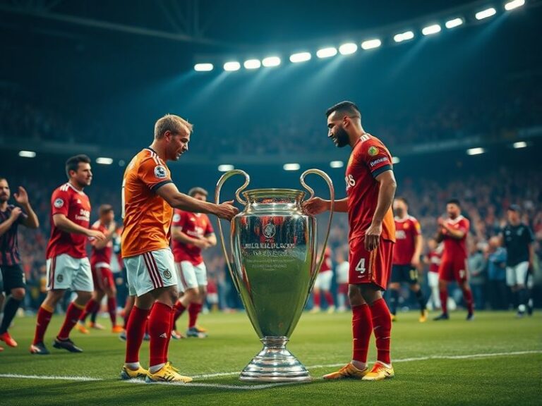 A vibrant stadium packed with fans under floodlights, showcasing the electric atmosphere of a Champions League semi-final mat