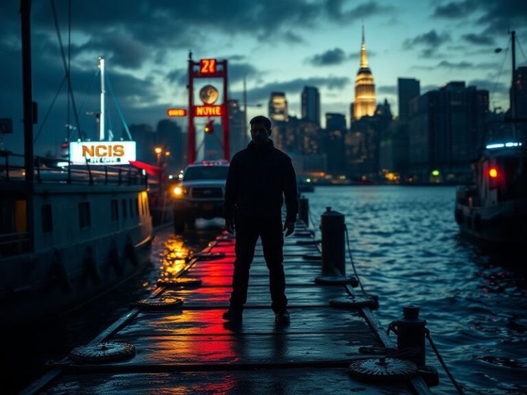 A promotional image featuring the cast of NCIS: New York against a backdrop of the New York City skyline, with a crime scene