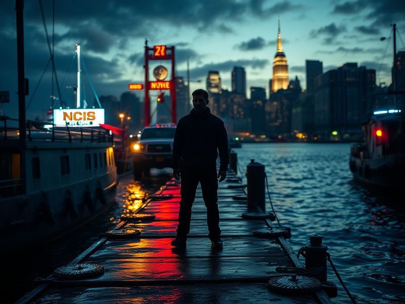 A promotional image featuring the cast of NCIS: New York against a backdrop of the New York City skyline, with a crime scene