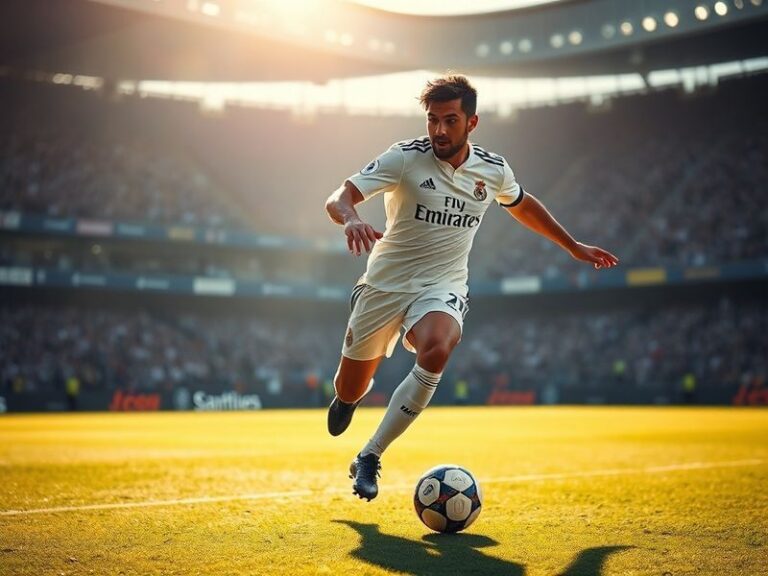 A dynamic action shot of Eduardo Camavinga in a Real Madrid jersey, mid-dribble on the pitch, with a blurred stadium backgrou