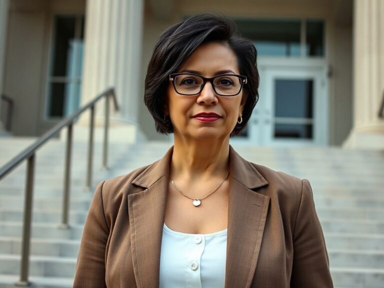 A professional headshot of Lori Chavez-DeRemer speaking at a podium, set against an American flag backdrop, conveying confide