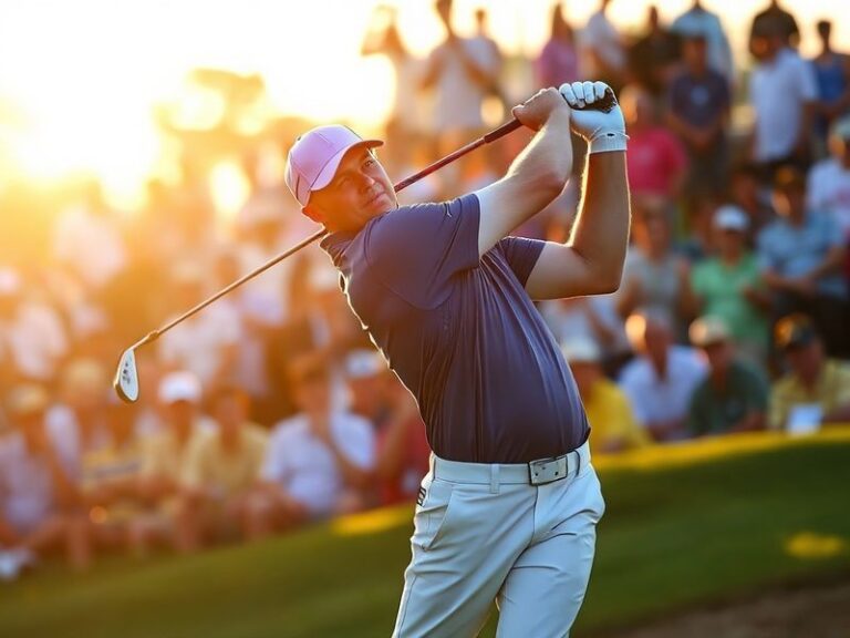 A triumphant Rory McIlroy holding the RBC Heritage trophy on the Harbour Town Golf Links green, surrounded by cheering fans a