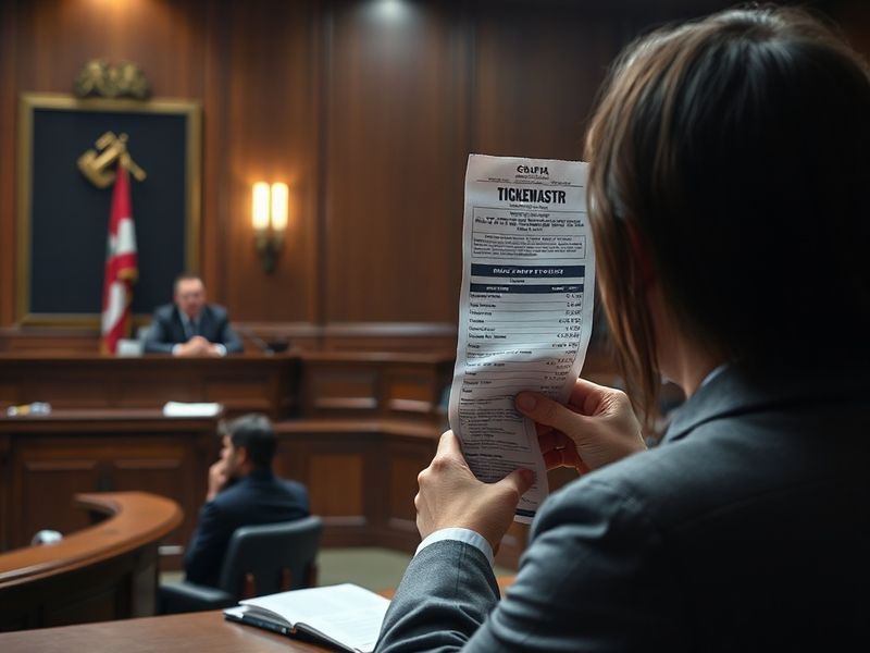 A courtroom sketch-style illustration showing a gavel striking a Ticketmaster logo, with a split background of a packed conce