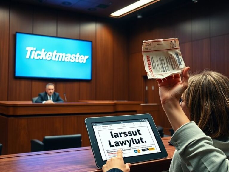 A split-image illustration showing a frustrated concertgoer on one side holding an overpriced ticket, and a gavel striking do