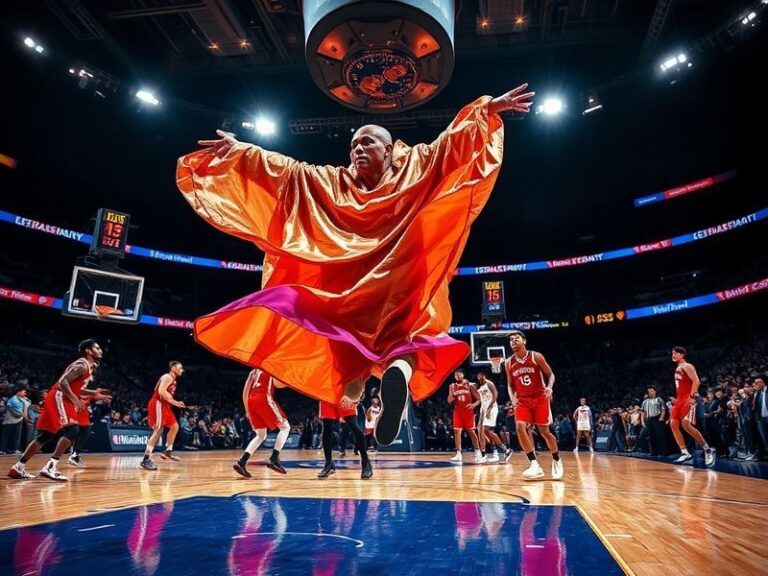 A high-energy NBA game between the Orlando Magic and Philadelphia 76ers, featuring Joel Embiid driving to the basket against