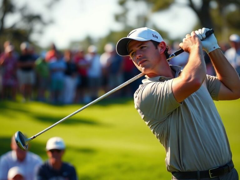 A triumphant Rory McIlroy holding the RBC Heritage trophy on the 18th green at Harbour Town, with spectators in the backgroun