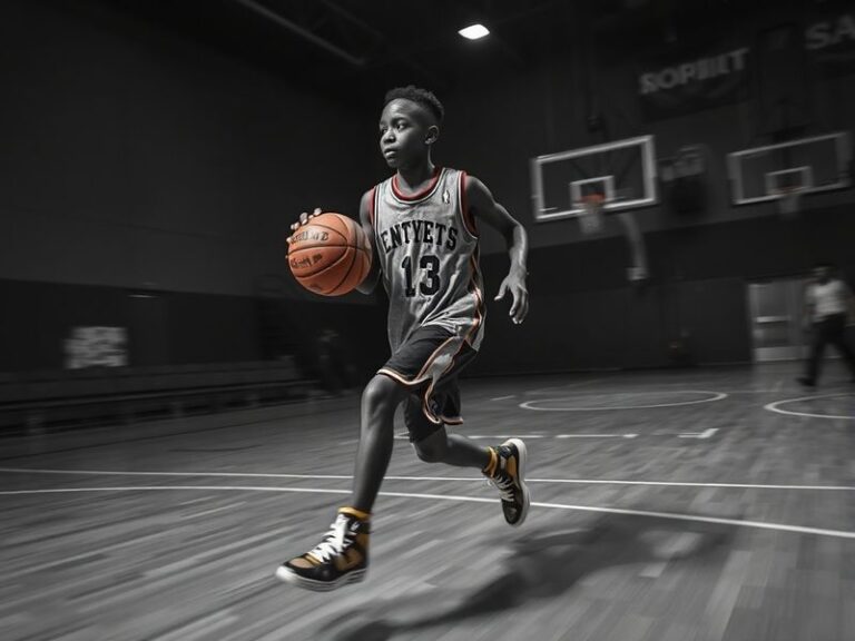 Zoom Diallo in action, wearing a Toronto Raptors jersey, mid-dribble on an outdoor court with a sunset backdrop, showcasing h