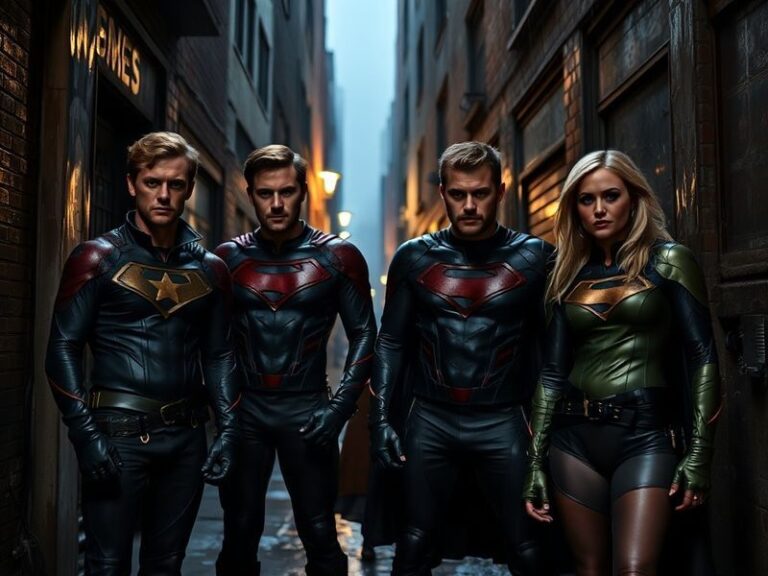 A dramatic group shot of the main cast of The Boys standing in a dimly lit alley, with Karl Urban as Billy Butcher in the for